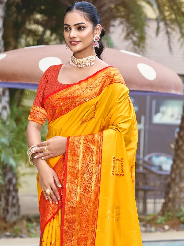 Women Mustard Silk Saree With Un Stitched Blouse Satin Bow Blouse