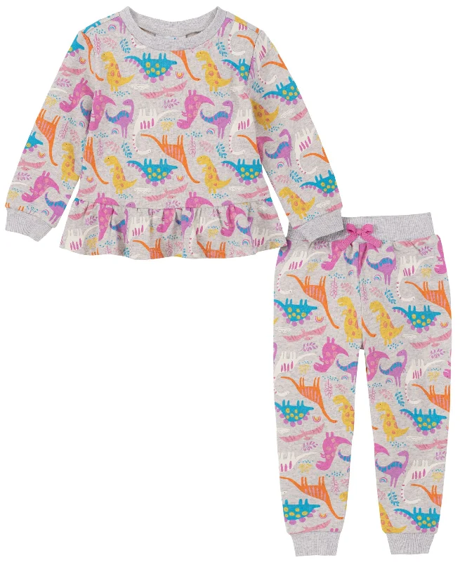 Little Girls Dino Print Fleece Sweatshirt Joggers Set Hoodie with Zipper Placket Modern Functional Little Girls Dino Print Fleece Sweatshirt Joggers Set Hoodie with Zipper Placket Modern Functional