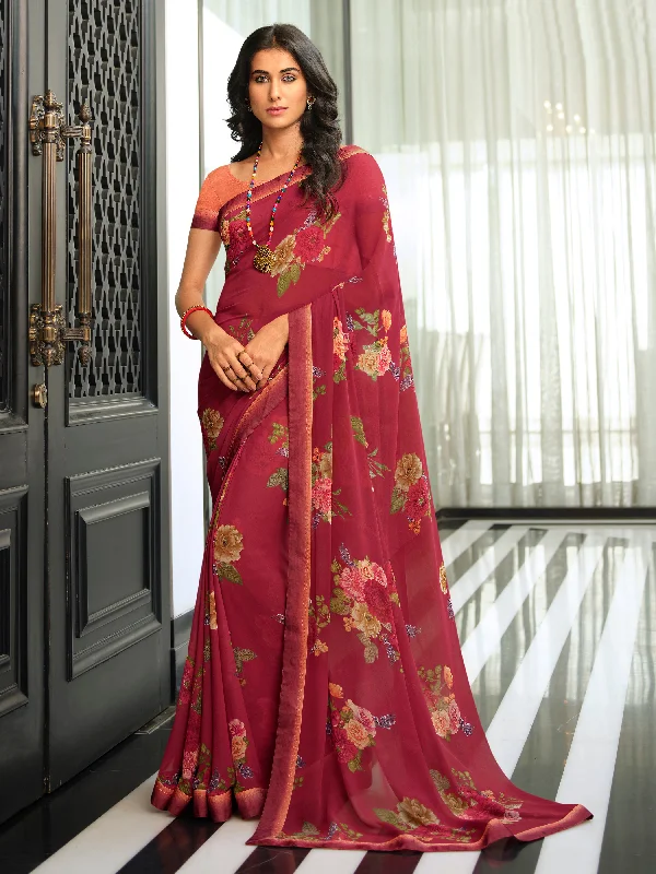 Women Maroon Georgette  Printed Saree With Un-Stiched Blouse Modern Work Blouse