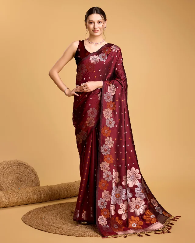 Women Maroon Pure Jacquard Weaving Work Saree With Un-Stiched Blouse Feminine Ruffle Blouse Women Maroon Pure Jacquard Weaving Work Saree With Un-Stiched Blouse Feminine Ruffle Blouse