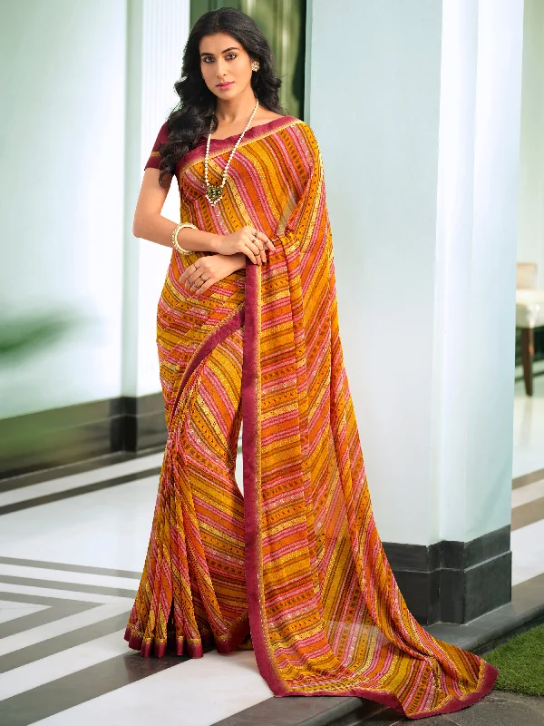 Women Orange Line Georgette Printed Saree With Un-Stiched Blouse Sleeveless Chiffon Blouse Women Orange Line Georgette Printed Saree With Un-Stiched Blouse Sleeveless Chiffon Blouse