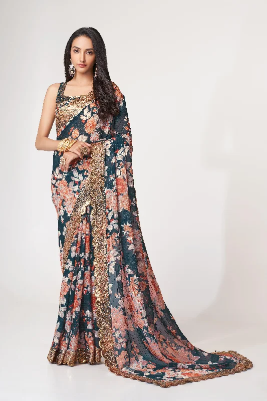 Women Dove Blue Organza Sequins Embroidery Work With Digital Print Saree With Un-Stiched Blouse Office-Ready Blouse Women Dove Blue Organza Sequins Embroidery Work With Digital Print Saree With Un-Stiched Blouse Office-Ready Blouse
