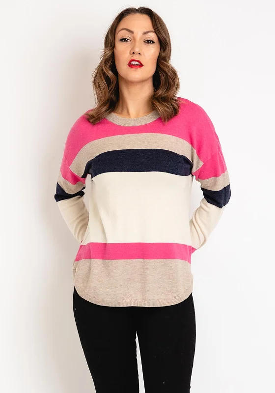 Fransa Melani Block Stripe Knitted Sweater, Pink Ribbed Striped Patterned