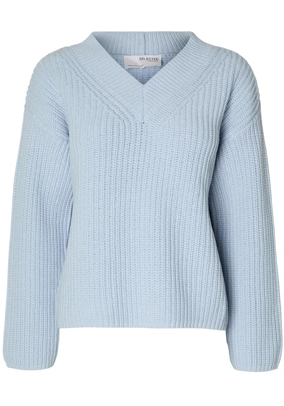 Selected Femme Selma V-Neck Knitted Sweater, Cashmere Blue Zippered Front Buttoned Front Snap Front