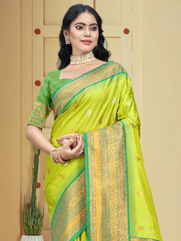 Women Sea Green Silk Saree With Un Stitched Blouse Chic Ruffle Blouse