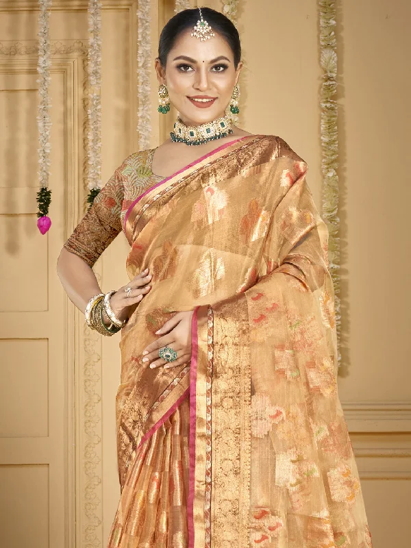 Women Peach Organza Saree With Un Stitched Blouse Ruffled Neck Blouse