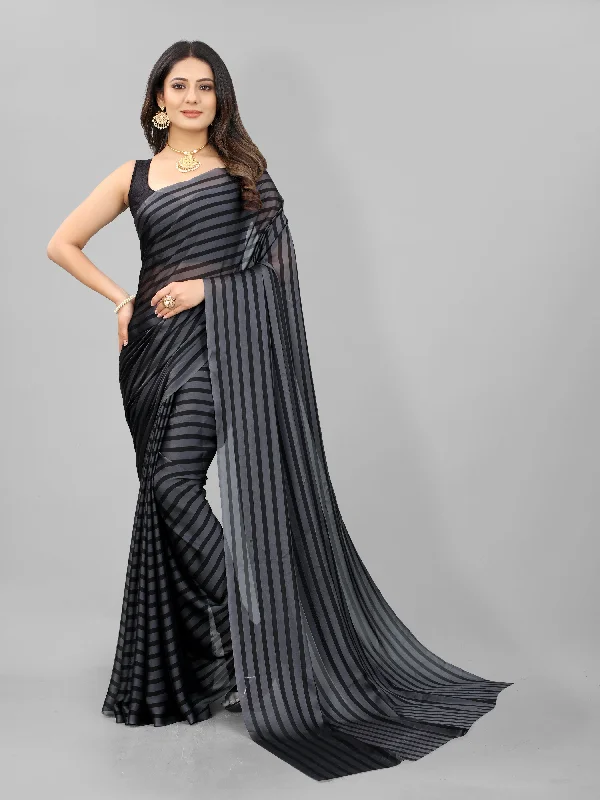 Women Grey Black Berry Plain Saree With Un-Stiched Blouse Ruffled Neck Blouse
