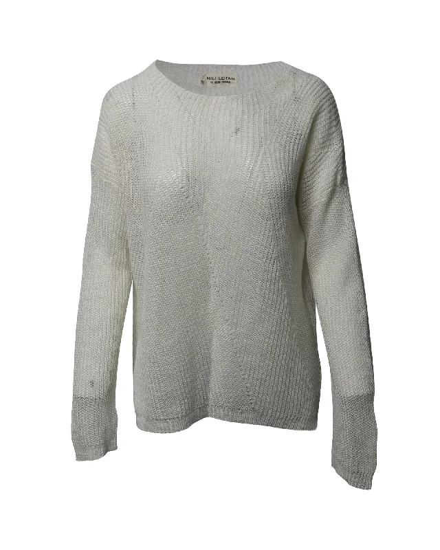 Nili Lotan Knitted Mesh Sweater in White Linen Beaded Sweater Sequined Faux Fur