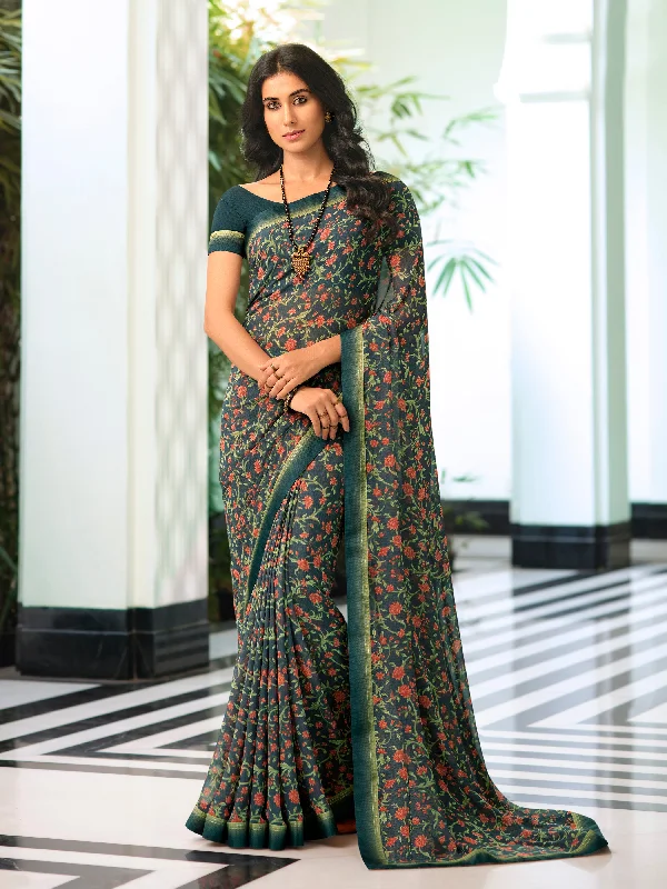 Women Bottle Green Georgette Printed Saree With Un-Stiched Blouse Smart Casual Blouse Women Bottle Green Georgette Printed Saree With Un-Stiched Blouse Smart Casual Blouse