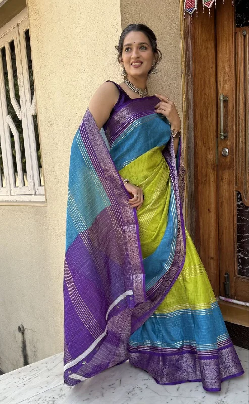 Women Party Wear Foil Chex Printed Dhola Silk Saree with Un Stitched Blouse Silky Draped Blouse