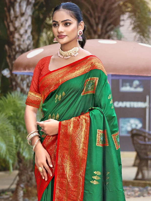 Women Green Silk Saree With Un Stitched Blouse Off-Shoulder Wrap Blouse