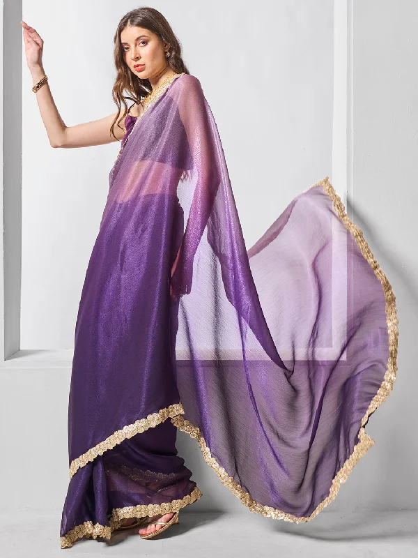 Women Party Wear Shimmer Chiffon Saree with Un Stitched Blouse Delicate Pleat Blouse
