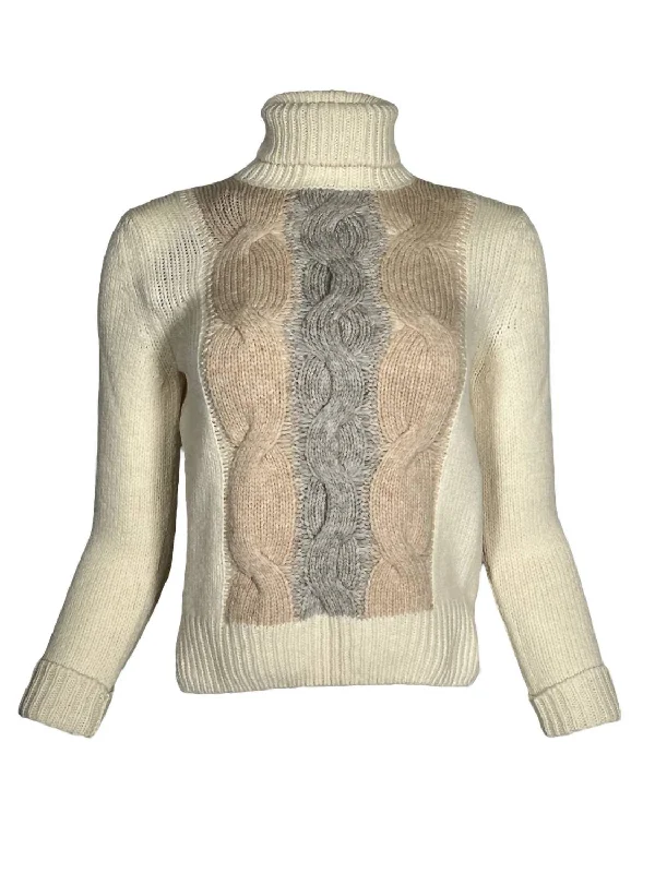 Women Tricolor Cable Sweater In Latte Iron Safe Non-Iron Wrinkle Free