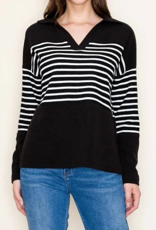Striped Collared Sweater In Black Iron Safe Non-Iron Wrinkle Free
