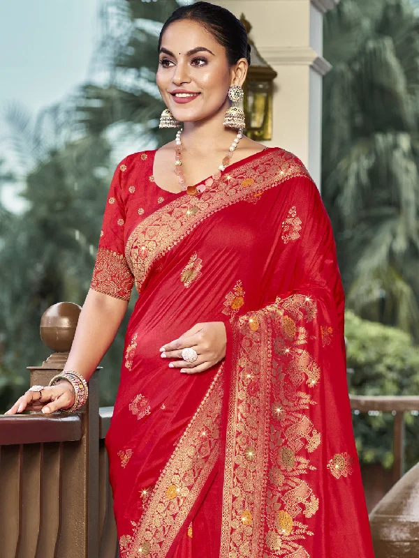 Women Red Silk Saree With Un Stitched Blouse High Neck Blouse