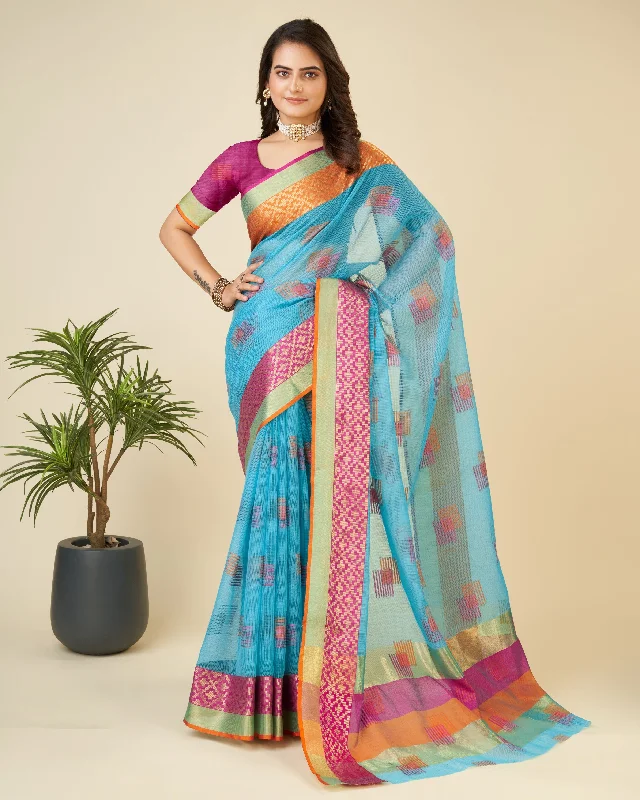 Women Sky Kota Doriya Soft Silk Weaving Work Saree With Un-Stiched Blouse Silky Draped Blouse Women Sky Kota Doriya Soft Silk Weaving Work Saree With Un-Stiched Blouse Silky Draped Blouse