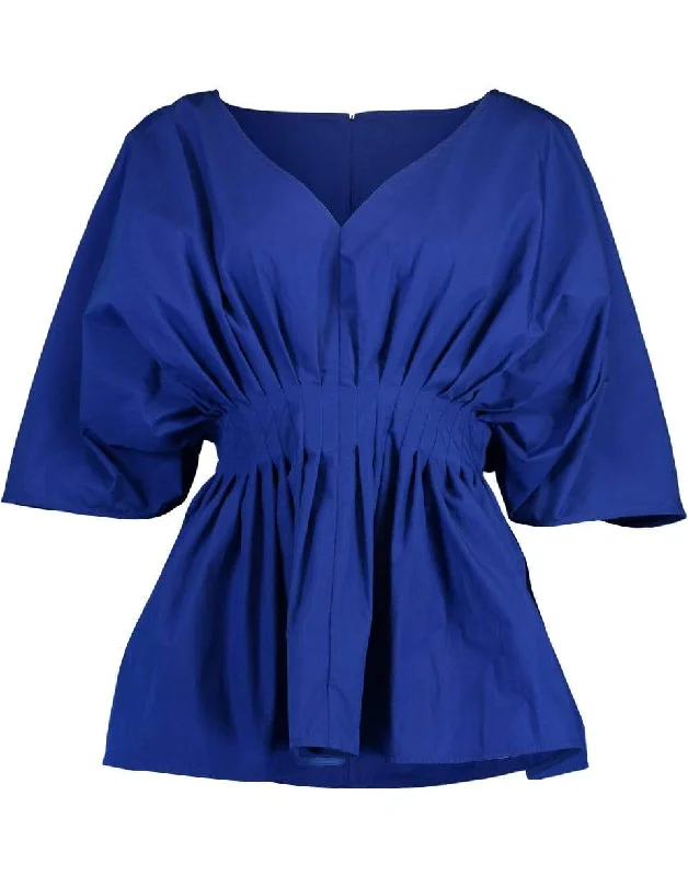 Cotton Tucked Waist V Neck Blouse - Cobalt Pleated Collar Blouse