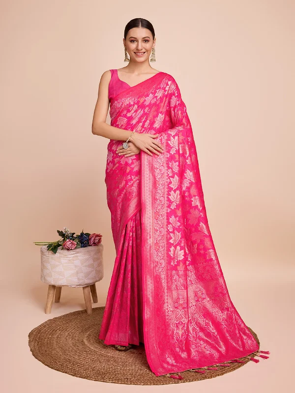 Women Pink Kota Doriya Soft Silk Weaving Work Saree With Un-Stiched Blouse Satin Long Blouse Women Pink Kota Doriya Soft Silk Weaving Work Saree With Un-Stiched Blouse Satin Long Blouse