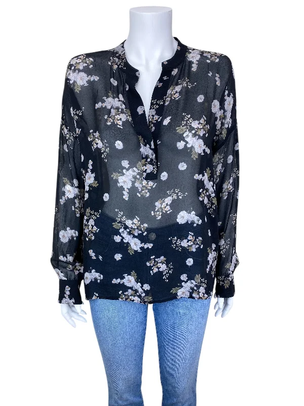 Vince Women's Tossed Floral Silk Poet's Blouse Black Multi Size M Stretchy Fitted Blouse