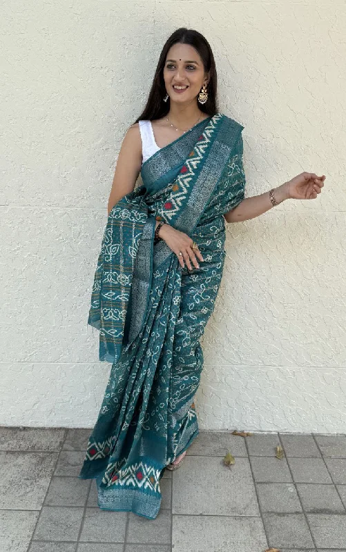 Women Party Wear Bandhej Print Pure Candy Cotton Silk Saree with Un Stitched Blouse Boho Printed Blouse