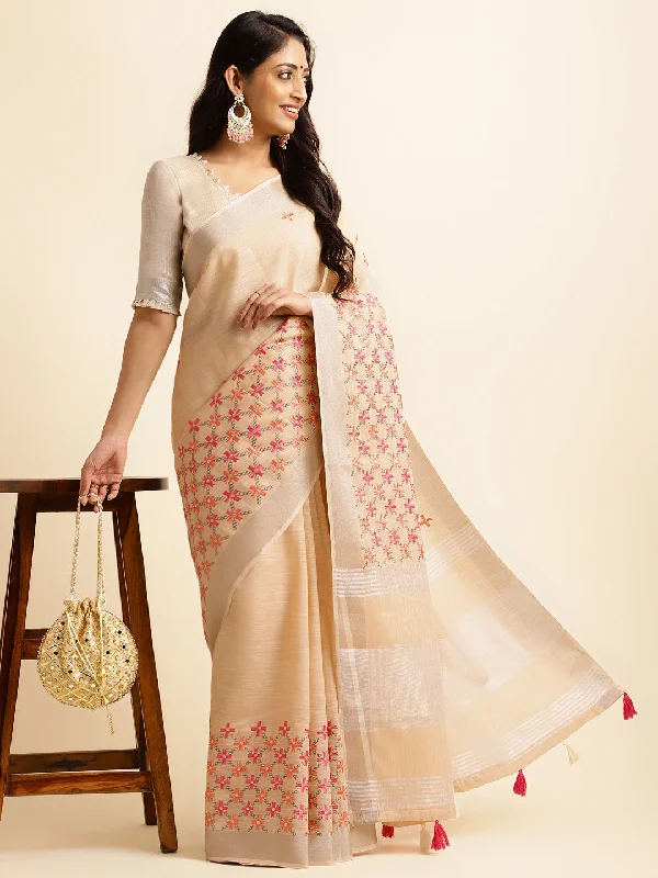 Women Party Wear Embroidery Worked Pure Cotton Linen Silk Saree with Un Stitched Blouse Peter Pan Blouse
