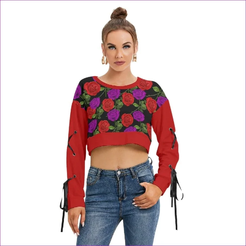 Red Rose Purp Women's Long Sleeve Cropped Sweatshirt Hoodie with Slit Hem Functional Movement