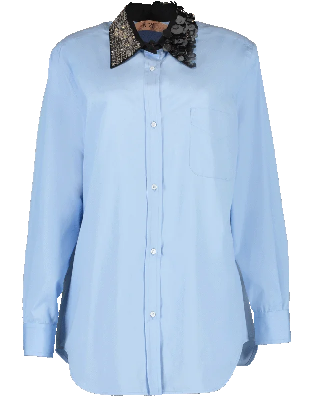 Beaded Collar Blouse Lightweight Linen Blouse