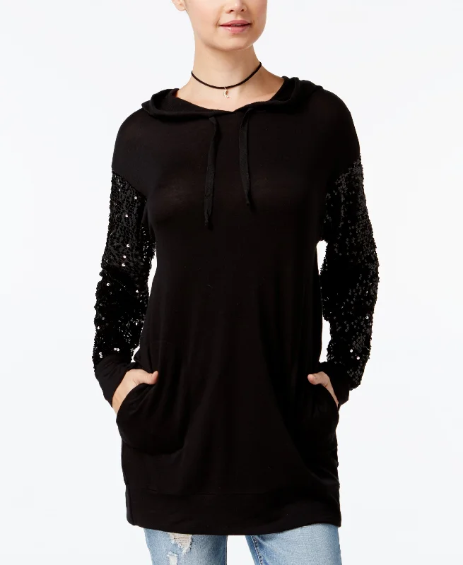Gypsies & Moondust Juniors' Sequin-Sleeve Hoodie Hoodie with Cuffed Sleeves Snug Secure