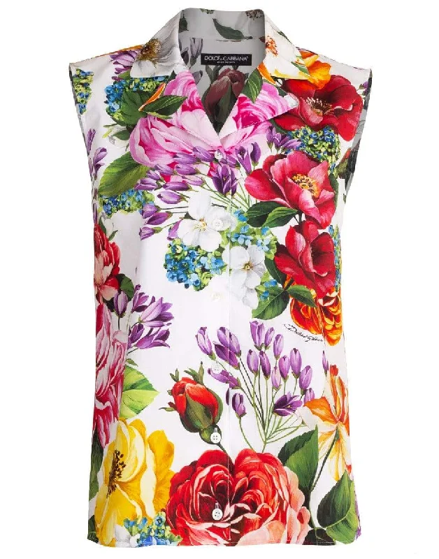 White Mix Floral Sleeveless Blouse Modern Oversized Blouse