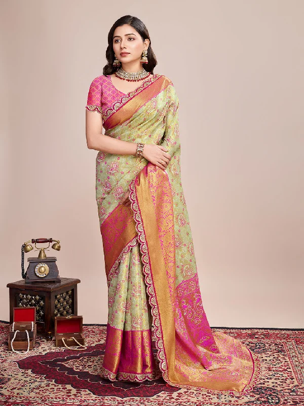 Women Party Wear Jari Weaving Worked Kanjivaram Silk Saree with Un Stitched Blouse Floral Print Blouse