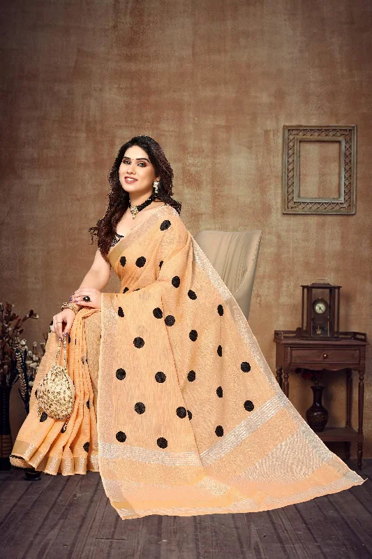 Women Party Wear Embroidery Worked Pure Soft Cotton Silk Saree with Un Stitched Blouse Chic Off-Shoulder Blouse