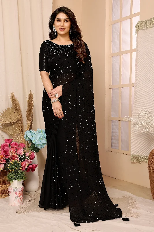 Women Black Satin Chiffon Stone Work Saree With Un-Stiched Blouse Stylish Wrap Blouse Women Black Satin Chiffon Stone Work Saree With Un-Stiched Blouse Stylish Wrap Blouse