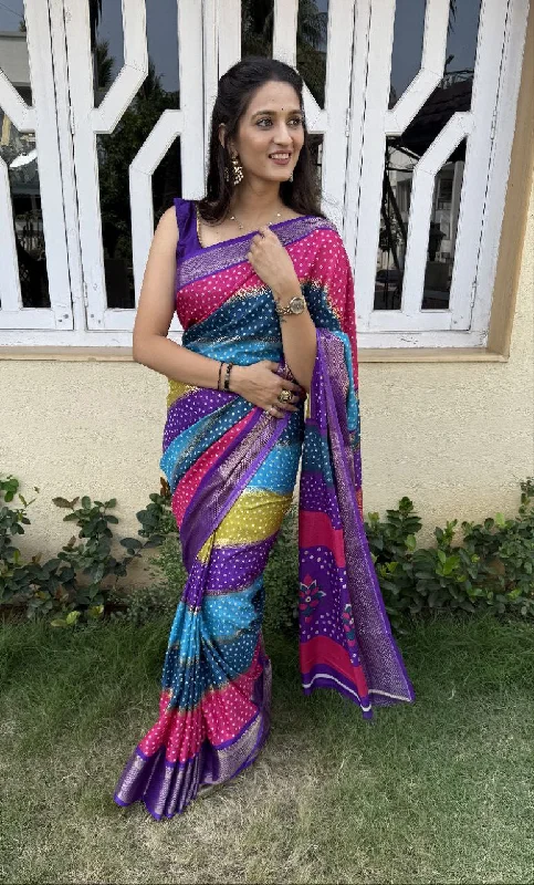 Women Party Wear Bandhej Leheriya Print Dhola Silk Saree with Un Stitched Blouse Soft Satin Blouse