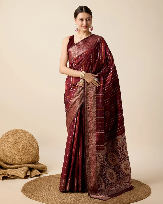 Women Maroon Pure Jacquard Zari Work Saree With Un-Stiched Blouse Sheer Sleeve Blouse Women Maroon Pure Jacquard Zari Work Saree With Un-Stiched Blouse Sheer Sleeve Blouse