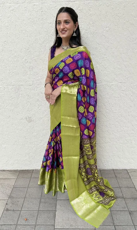 Women Party Wear Printed Dhola Silk Saree with Un Stitched Blouse Frilled Cuff Blouse