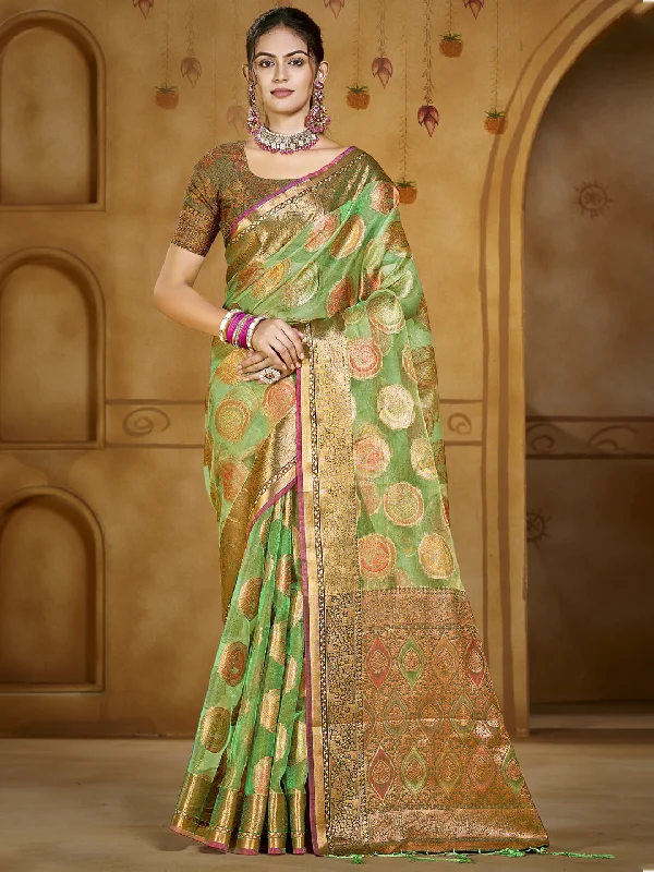 Women Green Organza Saree With Un Stitched Blouse Playful Puff Blouse