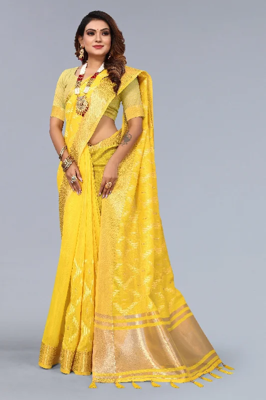 Women Party Wear Embroidery Worked Linen Cotton Saree with Un Stitched Blouse Double Button Blouse