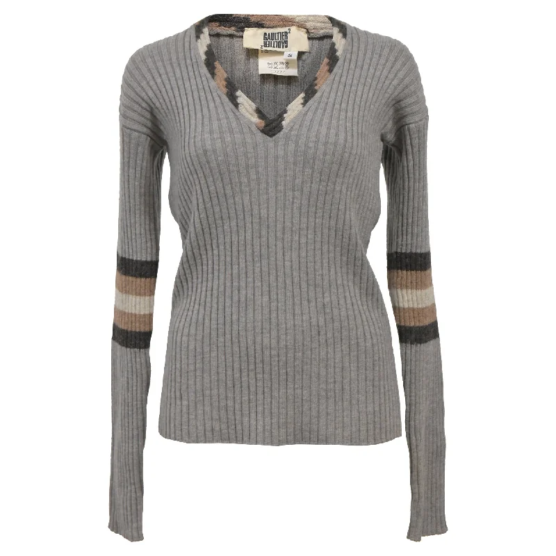 Jean Paul Gaultier Ribbed Knit V-Neck Sweater in Grey Wool Denim Fabric Leather Fabric Suede Fabric Jean Paul Gaultier Ribbed Knit V-Neck Sweater in Grey Wool Denim Fabric Leather Fabric Suede Fabric