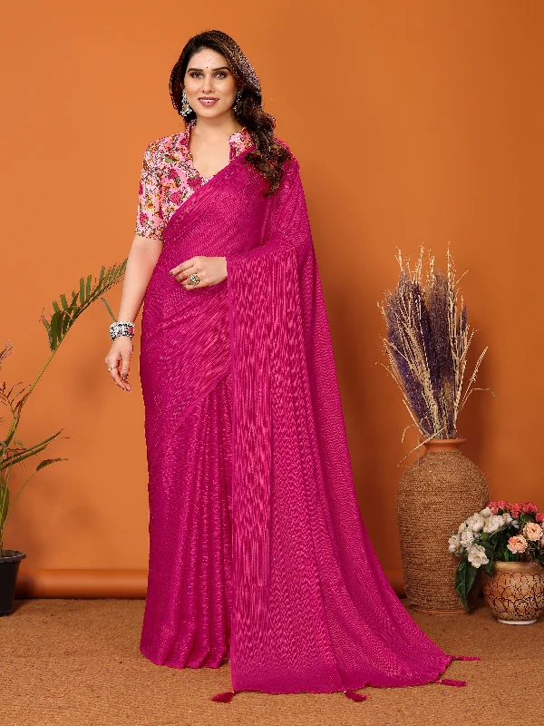Women Pink Polyester Zari Plain Saree With Un-Stiched Blouse Elegant Lace Blouse