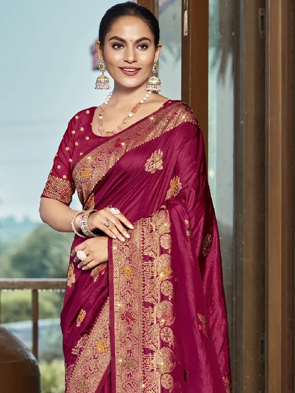 Women Magenta Silk Saree With Un Stitched Blouse Semi-Sheer Blouse