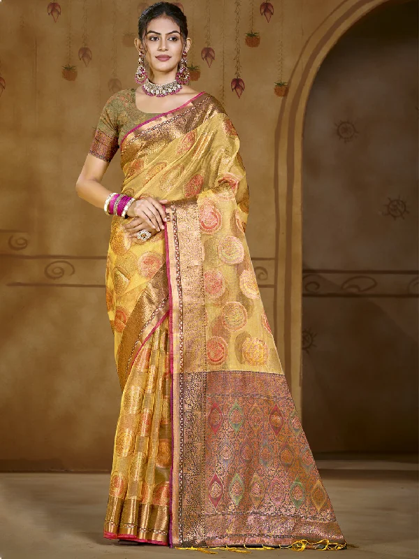 Women Yellow Organza Saree With Un Stitched Blouse Airy Cotton Blouse