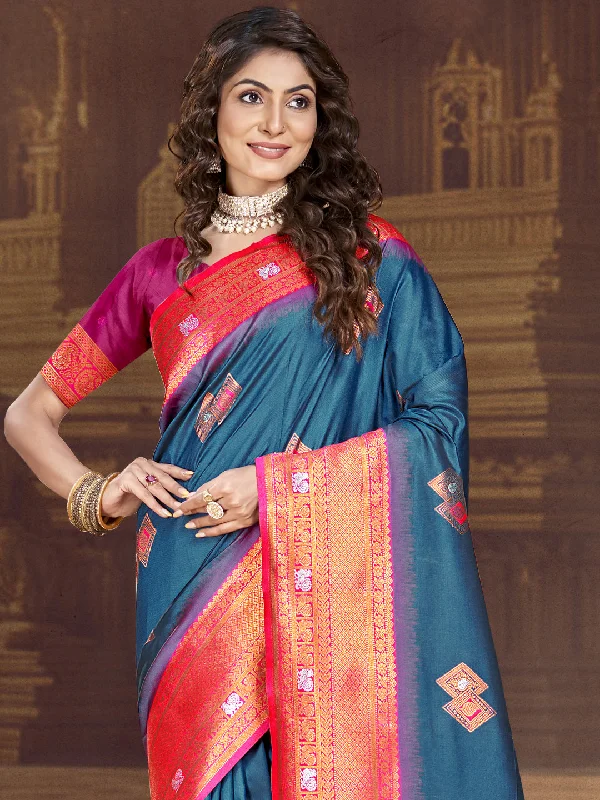 Women Blue Silk Saree With Un Stitched Blouse Lightweight Tunic Blouse