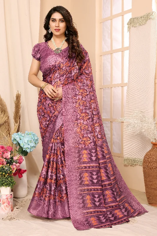 Women Purple Khadi Printed Saree With Un-Stiched Blouse Soft Pastel Blouse