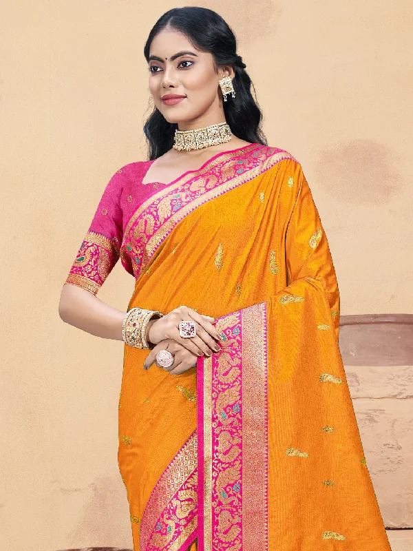 Women Mustard Silk Saree With Un Stitched Blouse Stretchy Fitted Blouse