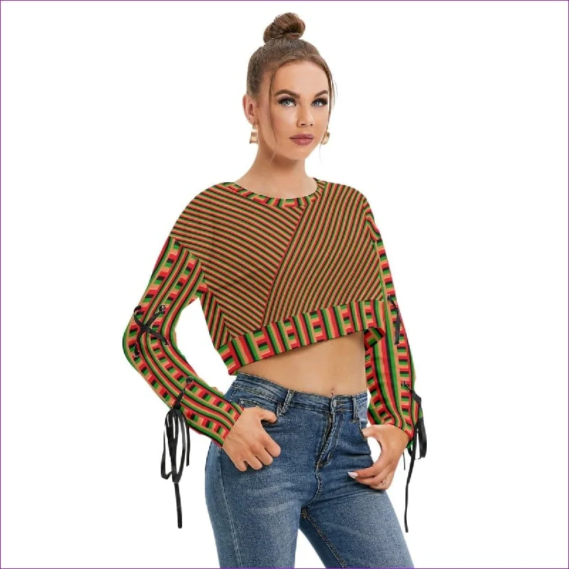 Striped Galore Women's Long Sleeve Cropped Sweatshirt With Lace up Sleeve Hoodie with Fur Luxurious Winter Striped Galore Women's Long Sleeve Cropped Sweatshirt With Lace up Sleeve Hoodie with Fur Luxurious Winter