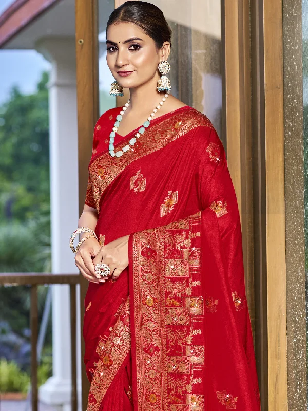 Women Red Silk Saree With Un Stitched Blouse Chic Square Blouse