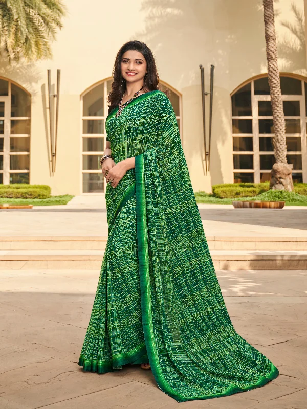 Women Green Georgette  Printed Saree With Un-Stiched Blouse Sheer Sleeve Blouse