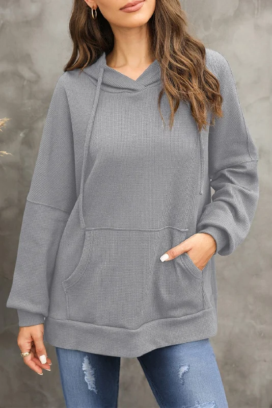 Waffle-Knit Long Sleeve Hoodie Hoodie with Hem Elastic Stretchable Comfortable