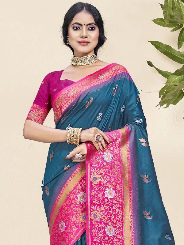 Women Blue Silk Saree With Un Stitched Blouse Modern Oversized Blouse