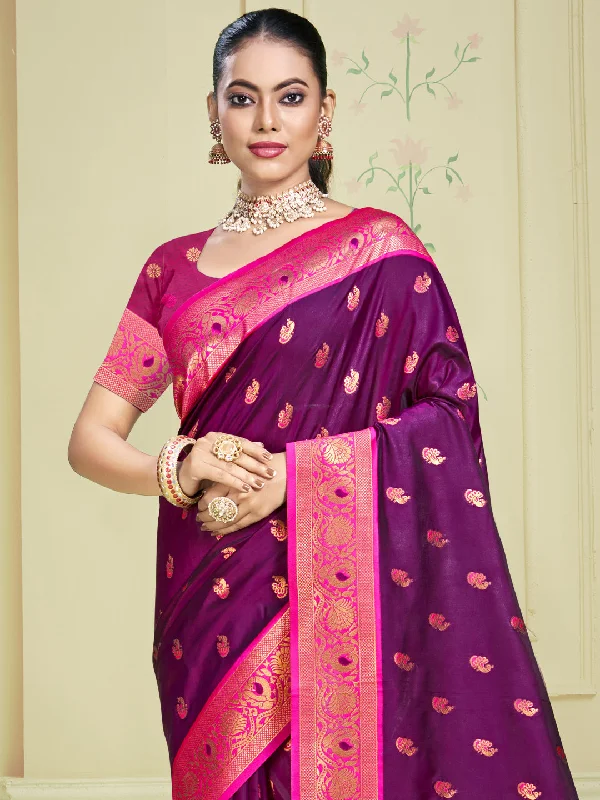 Women Wine Silk Saree With Un Stitched Blouse Bell Sleeve Blouse